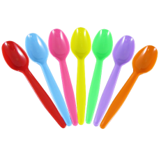 Rainbow Colored Spoon Heavy Weight 100pc/10 Bg Ct includes blue, green, pink, purple, and yellow